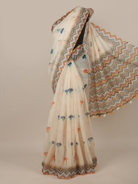 

Pothys Cream-Coloured & Blue Floral Jute Silk Saree