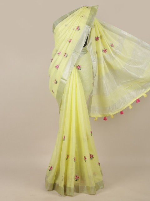 

Pothys Lime Green & Silver-Toned Floral Linen Blend Saree