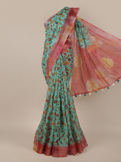 

Pothys Green & Pink Floral Printed Jute Silk Saree