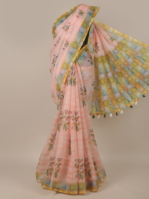 

Pothys Pink & Yellow Floral Printed Jute Silk Saree
