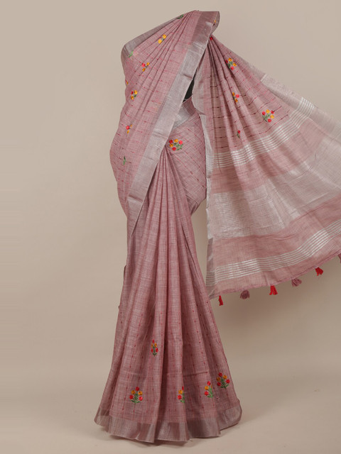 

Pothys Mauve & Red Floral Embroidered Linen Blend Saree