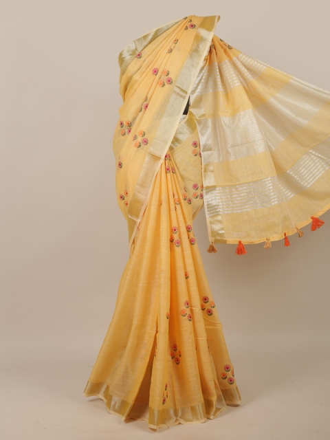 

Pothys Yellow & Silver-Coloured Ethnic Motifs Embroidered Linen Blend Saree