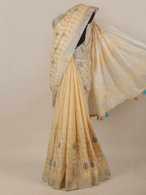 

Pothys Beige & Blue Ethnic Motifs Embroidered Saree