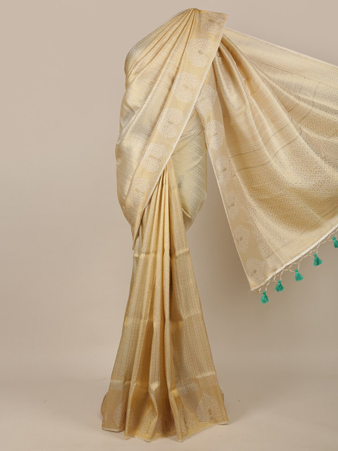 

Pothys Cream-Coloured & Gold Ethnic Motifs Beads and Stones Jute Silk Saree
