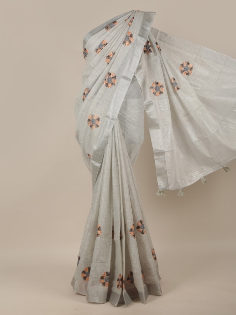 

Pothys Silver-Toned & Peach-Coloured Floral Printed Linen Blend Saree