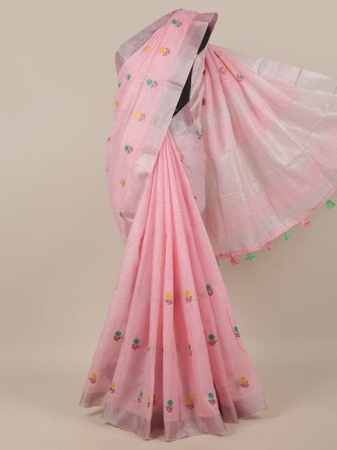 

Pothys Pink & Silver-Toned Floral Embroidered Linen Blend Saree