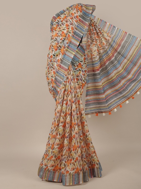 

Pothys Cream-Coloured & Blue Floral Jute Silk Saree