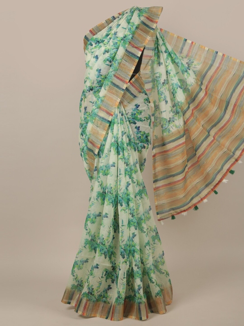 

Pothys Cream-Coloured & Green Floral Jute Silk Saree