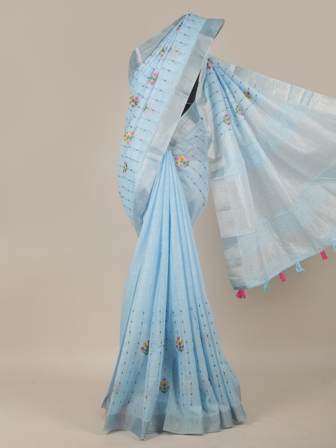 

Pothys Blue & Silver-Toned Floral Embroidered Linen Blend Saree