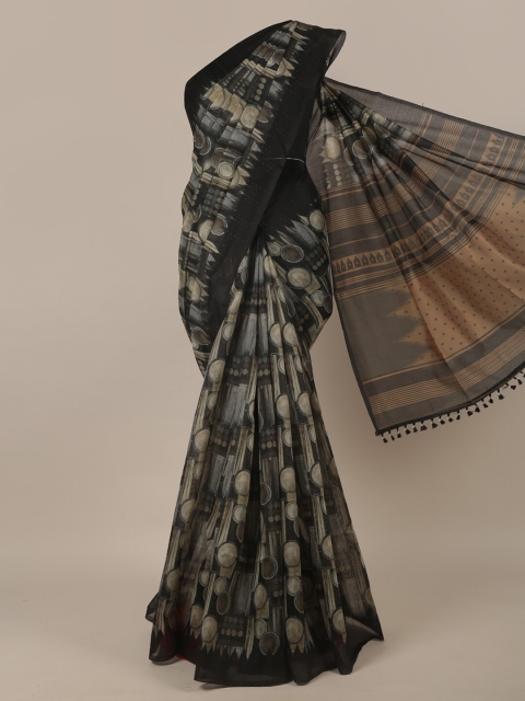 

Pothys Grey & Black Abstract Printed Jute Silk Saree