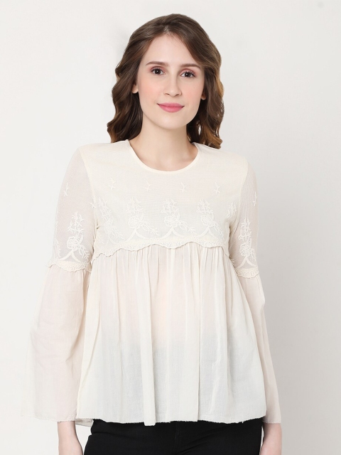 

Vero Moda Off White JACKIE Floral Design Cotton A-Line Top
