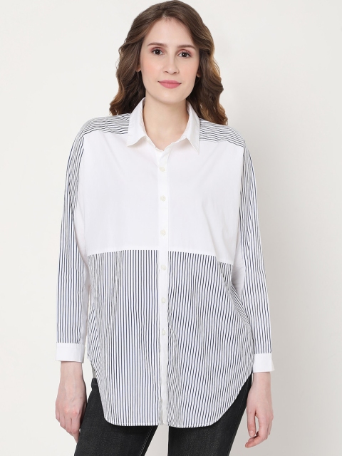 

Vero Moda Women White & Navy Blue Opaque Striped Cotton Casual Shirt