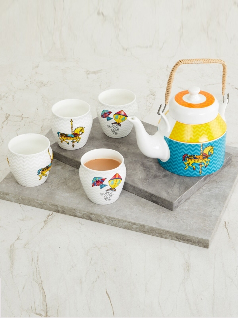 

Home Centre White & Yellow Printed Bone China Glossy Kettle Set of Cups and Mugs