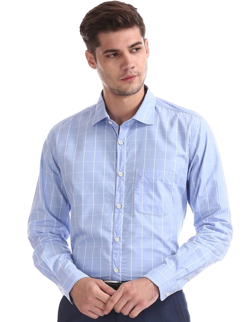 

AD By Arvind Men Blue Windowpane Checks Opaque Pure Cotton Checked Formal Shirt