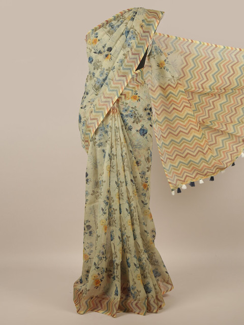 

Pothys Green & Grey Floral Linen Blend Saree