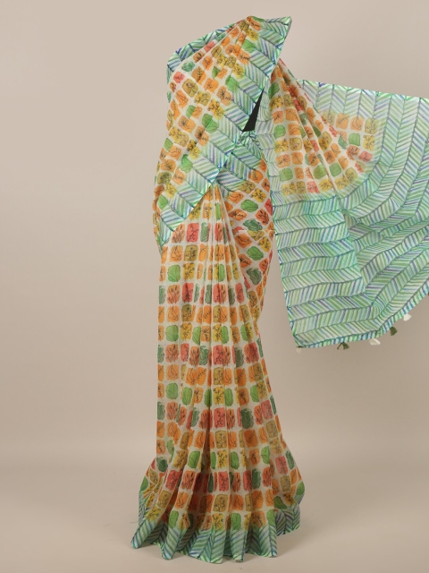 

Pothys Cream-Coloured & Orange Floral Linen Blend Saree