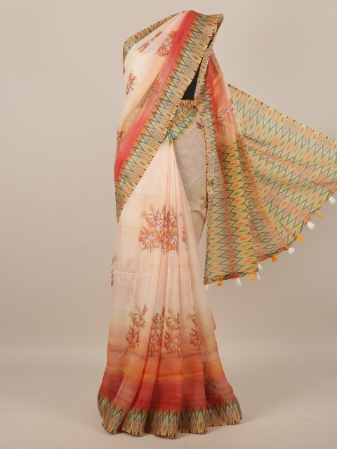 

Pothys Peach-Coloured & Green Floral Jute Silk Saree