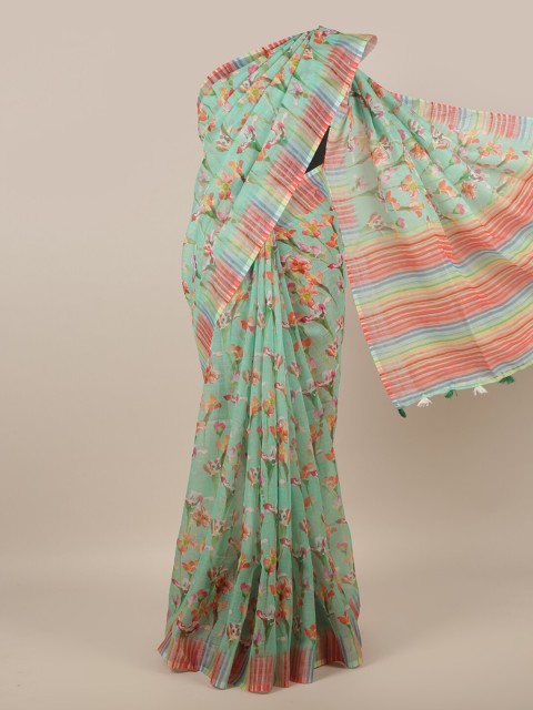 

Pothys Green & Orange Floral Printed Linen Blend Saree