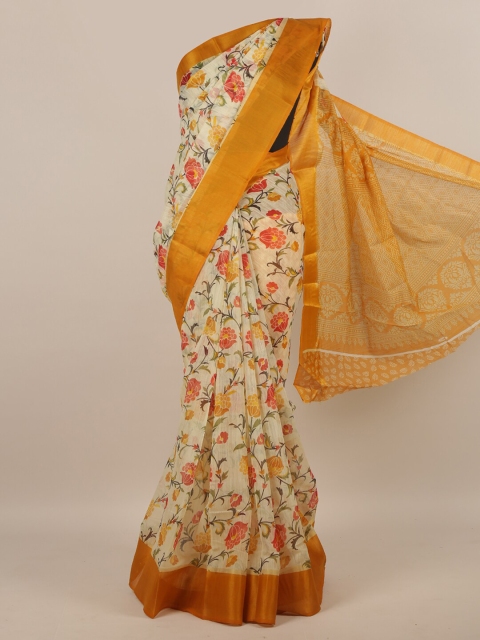 

Pothys Cream-Coloured & Orange Floral Saree