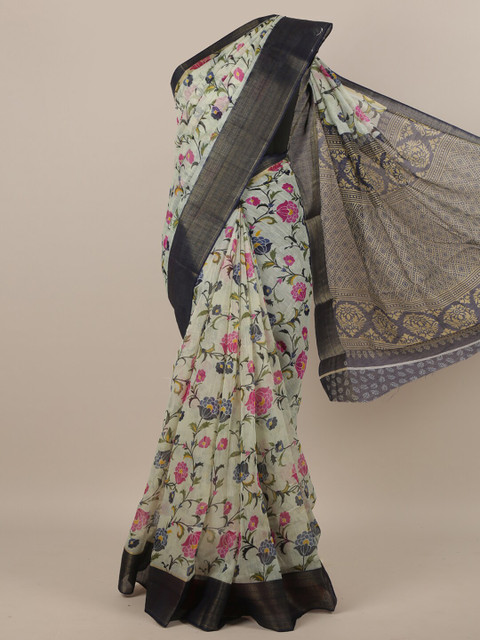 

Pothys Cream-Coloured & Purple Floral Saree