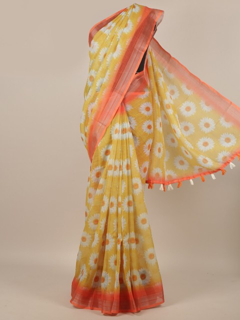 

Pothys Mustard & White Floral Linen Blend Saree
