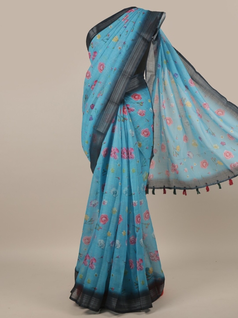 

Pothys Blue & Pink Floral Zari Linen Blend Saree