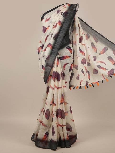 

Pothys Cream-Coloured & Orange Zari Linen Blend Saree