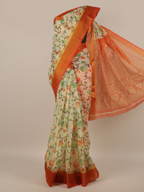 

Pothys Cream-Coloured & Gold-Toned Floral Printed Zari Border Saree