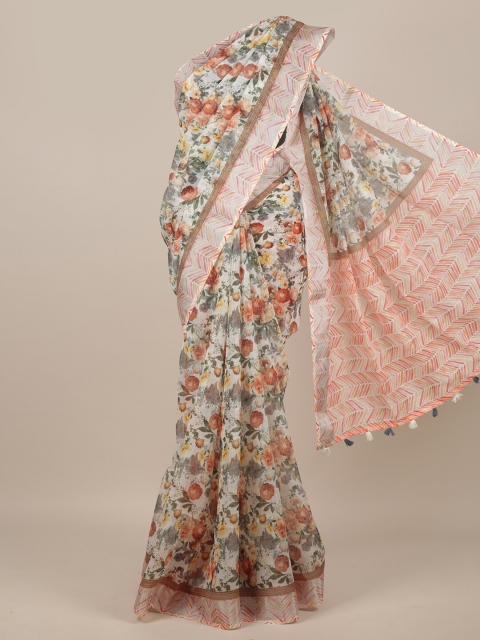 

Pothys White & Peach-Coloured Floral Printed Linen Blend Saree