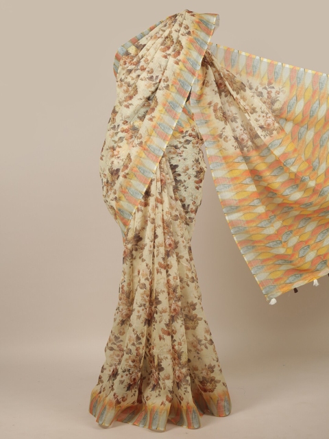 

Pothys Yellow & Brown Floral Printed Linen Blend Saree