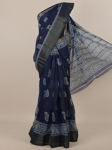 

Pothys Blue & White Cotton Blend Batik Printed Saree, Navy blue