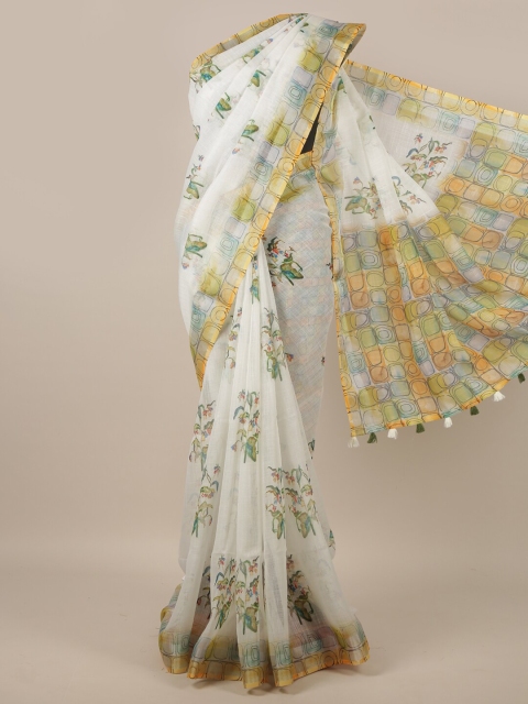 

Pothys White & Yellow Floral Linen Blend Saree