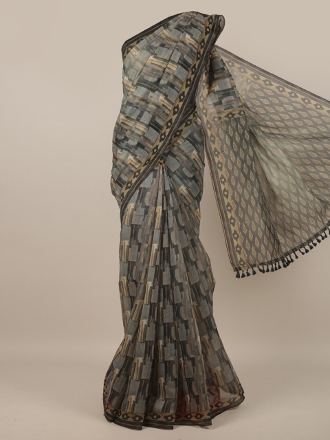 

Pothys Grey & Beige Printed Jute Silk Saree
