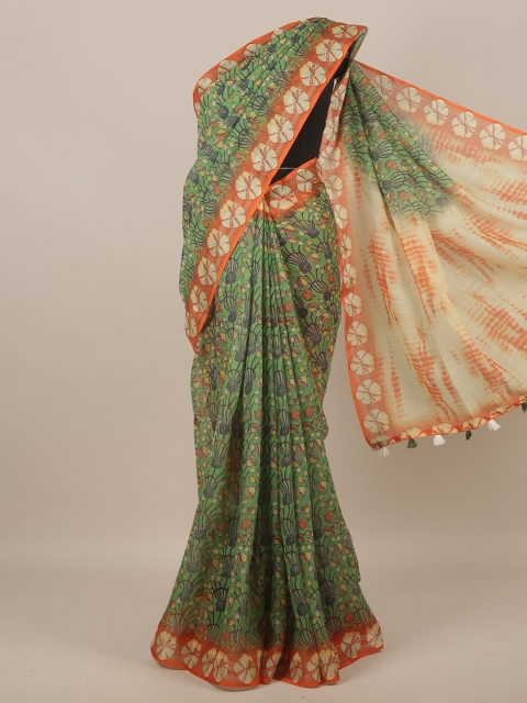 

Pothys Green & Orange Floral Printed Linen Blend Saree