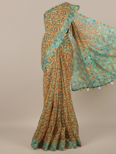

Pothys Orange & Blue Floral Printed Linen Blend Saree
