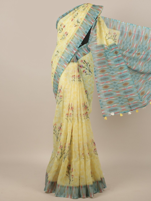 

Pothys Yellow & Blue Floral Linen Blend Saree
