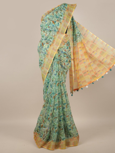 

Pothys Green Linen Blend Floral Printed Saree