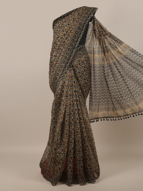 

Pothys Black & Brown Printed Jute Silk Saree
