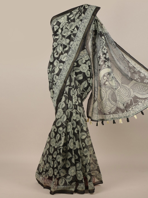 

Pothys Black & Gold-Toned Floral Printed Zari Jute Silk Saree