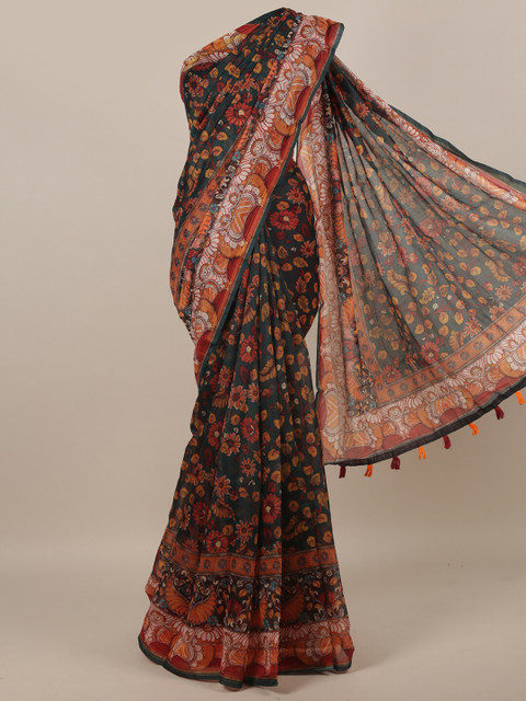 

Pothys Green & Orange Floral Printed Jute Silk Saree