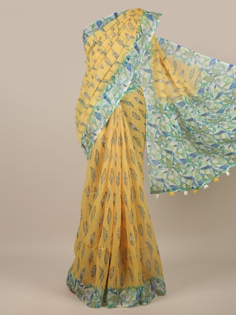 

Pothys Yellow & Blue Floral Linen Blend Saree