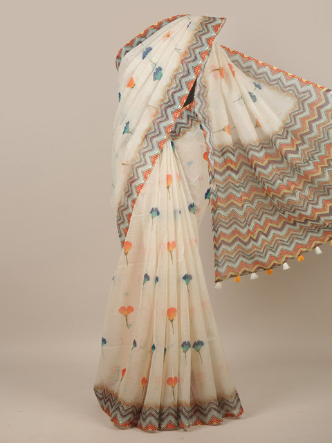 

Pothys Cream-Coloured & Blue Floral Linen Blend Saree