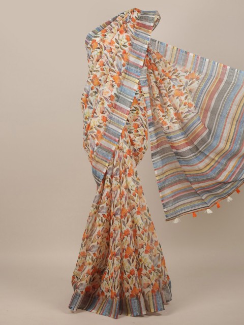 

Pothys Off White & Orange Floral Printed Linen Blend Saree