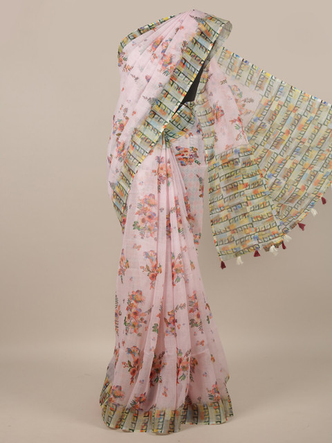

Pothys Pink & Orange Floral Printed Linen Blend Saree