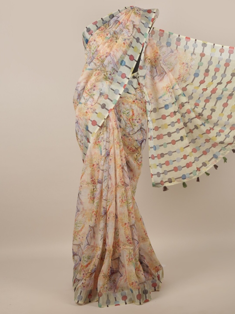 

Pothys Cream-Coloured & Red Floral Linen Blend Saree