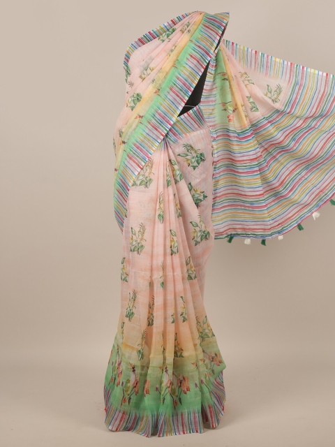 

Pothys Peach-Coloured & Green Floral Linen Blend Saree