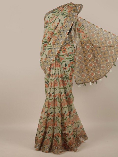 

Pothys Green & Red Floral Linen Blend Saree