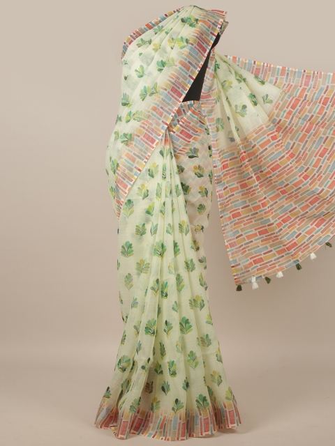 

Pothys Green & Yellow Floral Printed Linen Blend Saree