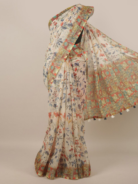 

Pothys Peach-Coloured & Grey Floral Printed Linen Blend Saree