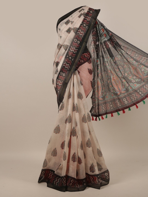

Pothys Cream-Coloured & Black Ethnic Motifs Jute Silk Saree